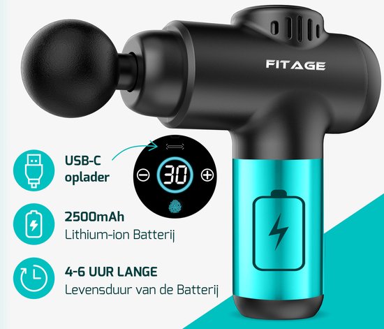 FITAGE Massage Gun Mini - 8 Opzetstukken - Professioneel Massage Apparaat - Massage Pistool 30 Standen - Massageapparaat - Massagegun