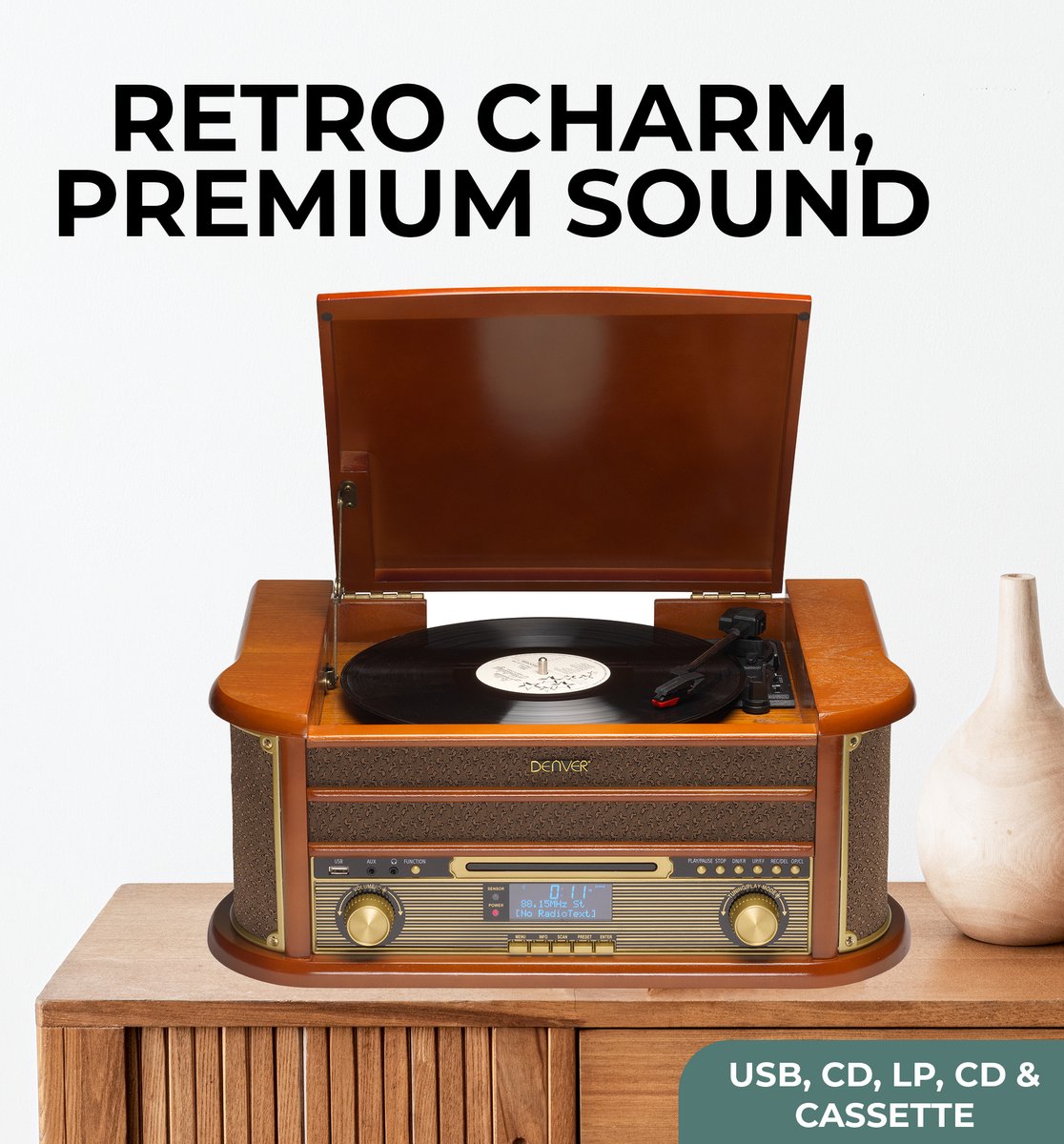 Denver Retro Platenspeler MRD51 - Hout - 24x22x12 cm - Ingebouwde Speakers & Versterker - DAB Radio - CD & Cassette