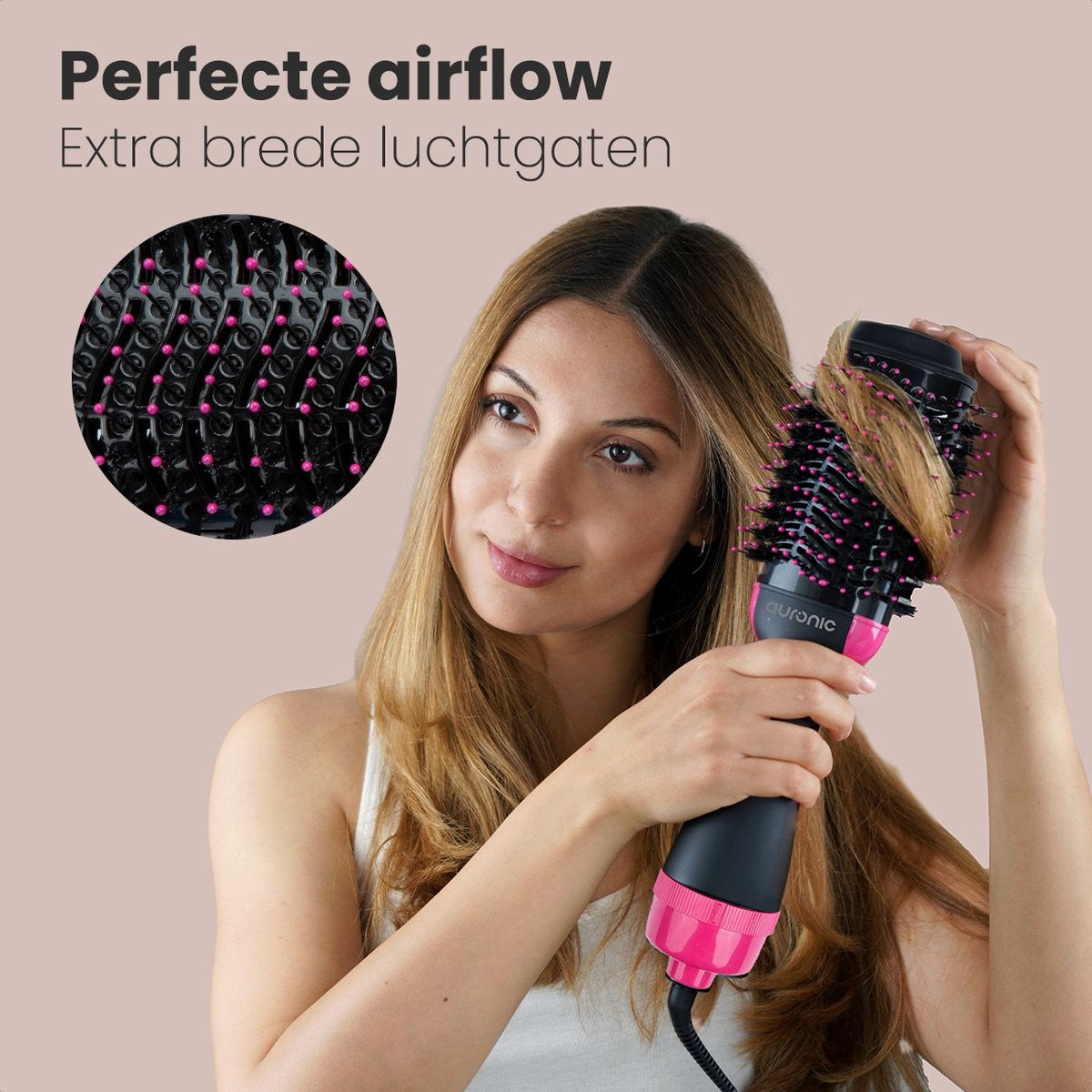 Auronic 3-in-1 Föhnborstel - Keramische Magic Brush - Airstyler - Lang/Stijl/Krullen - 1000W - Zwart/Roze
