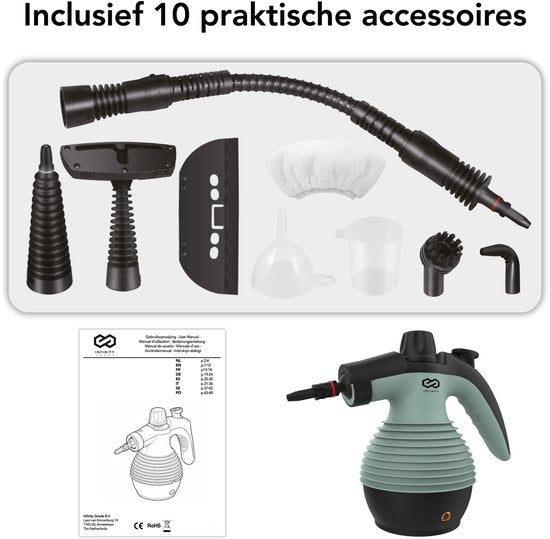 Infinity Goods Stoomreiniger - 12-in-1 Handstoomreiniger - Handstomer - Vlekkenreiniger - Tapijtreiniger - 10 Opzetstukken - 1050 Watt - 3.2 Bar - Groen