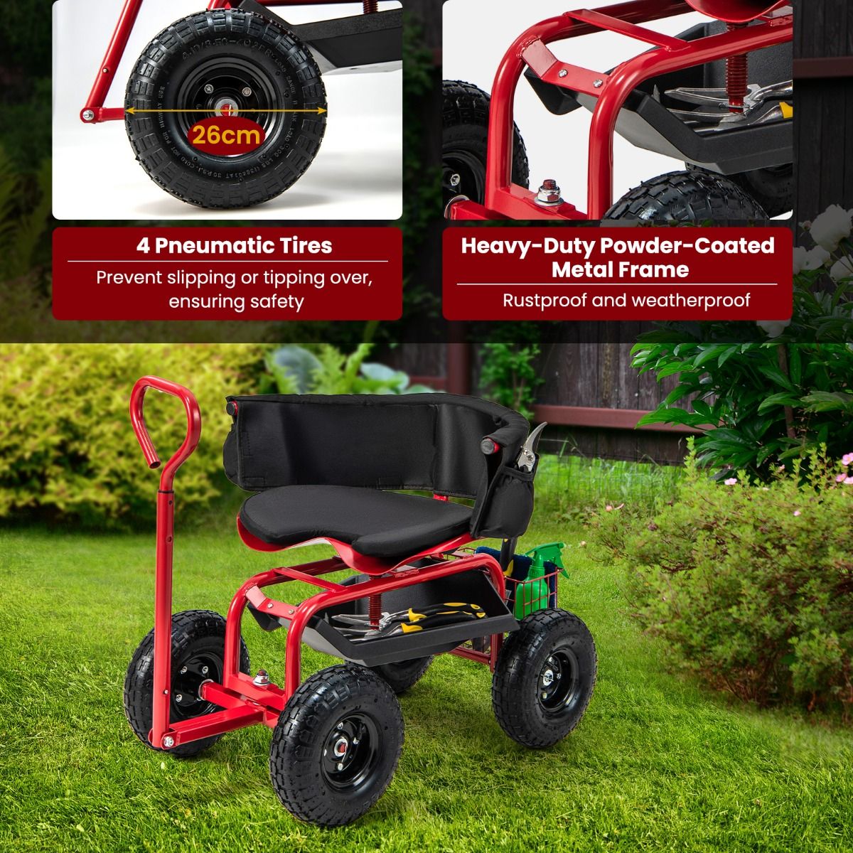 Coast Tuinwagen met rolzitting - uittrekbare handgreep - opbergruimte - rood