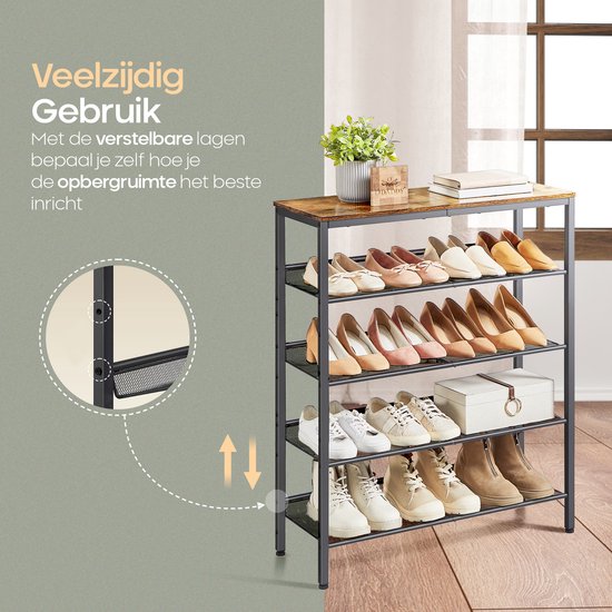 O'DADDY® Schoenenrek - 5 Laags - Schoenen Opbergsysteem - Schoenrek - Schoenenkast - Schoenkast - Industrieel Design - Bruin Hout - Zwart Metaal