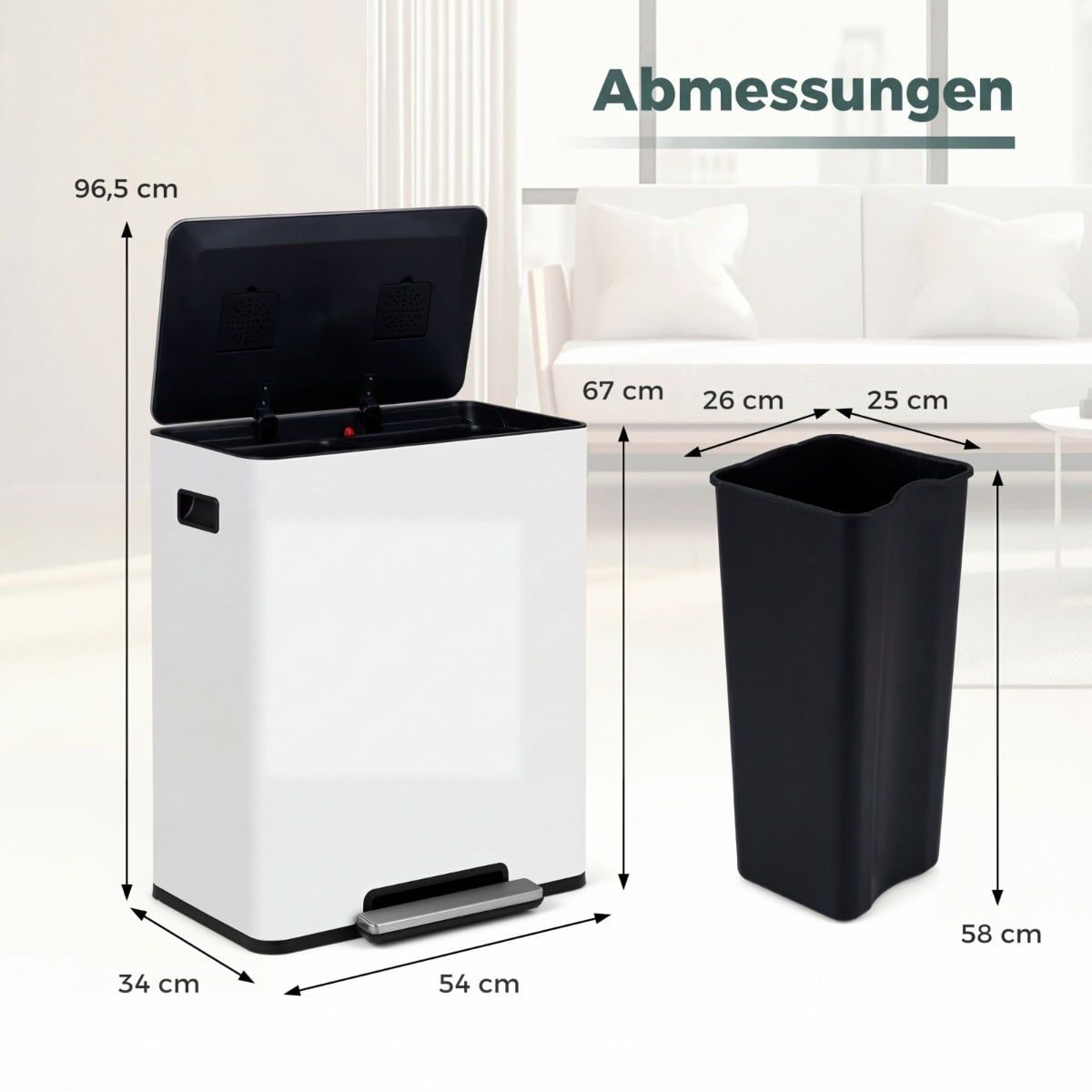 Coast Prullenbak met pedaal - 2 vakken - softclose deksel - 60 liter - wit