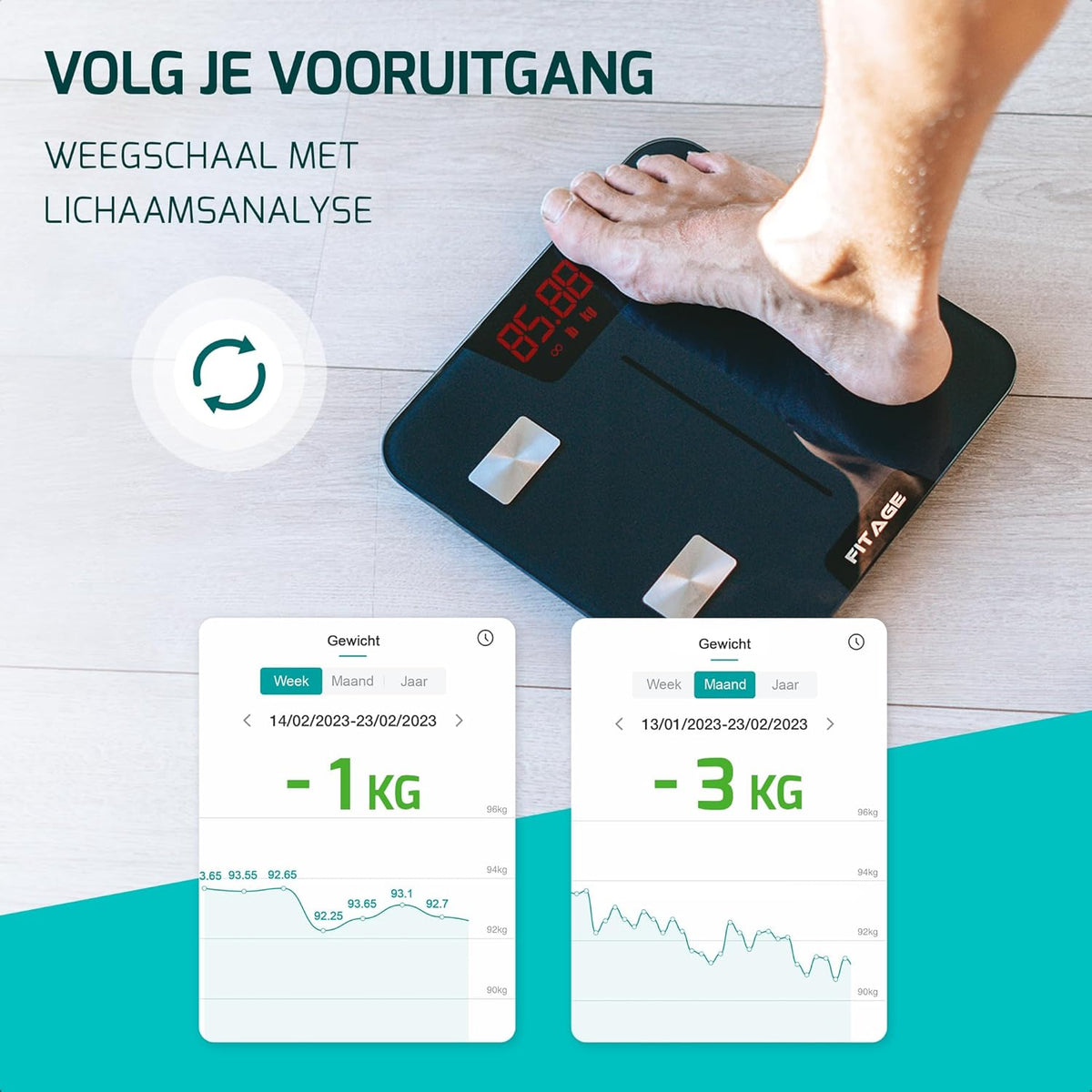 Fitage Digitale Personenweegschaal Slimme Lichaamsanalyse – 17 Metingen – App Koppeling – 180 kg – 28 x 28 cm – Zwart