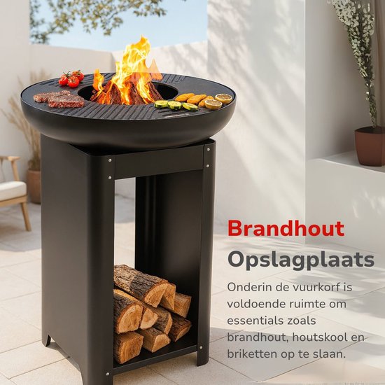 alpina 3-in-1 Vuurkorf en Grillplaat - Tuinhaard 61 x 90 cm - met Teppanyaki Bakplaat - Plancha BBQ met Brandhout Opslagplaats - Vuurkorf voor Buiten - Metaal