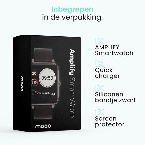 MAOO Amplify Smartwatch – Incl. Screenprotector – Hartslag, Bloeddruk & Bloedsaturatie – Slaapmonitor – Stappenteller – Afstandsmeting – Waterproof – Android & iOS – Zwart