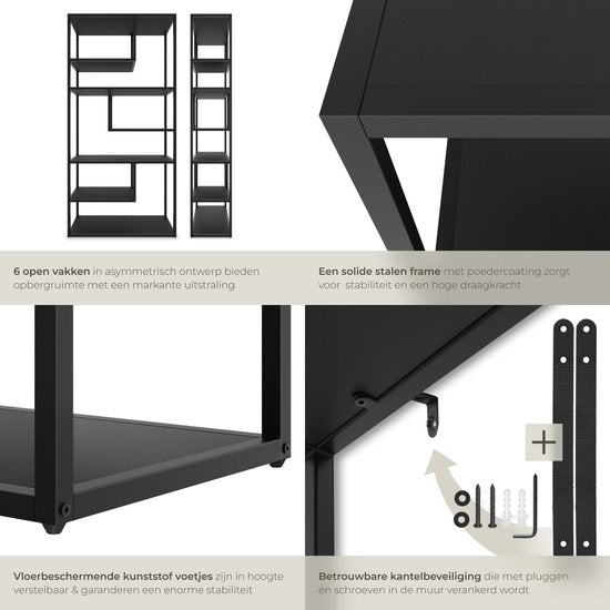 tectake® Wandkast Venda - 85 x 35 x 188 cm - Industriële Look - Stalen Frame - Kast met Kantelbeveiliging - Boekenkast met 6 Asymmetrische Vakken - Moderne Opbergkast voor Woonkamer, Keuken of Slaapkamer