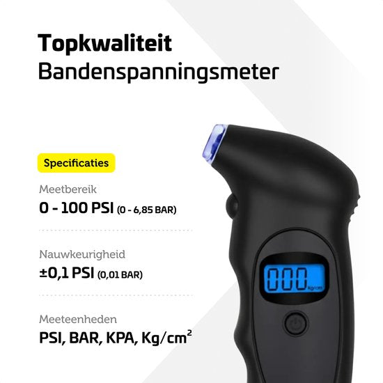 Garpex® Bandenspanningsmeter - Bandendrukmeter - Ingebouwde Zaklamp - Digitaal - Drukmeter