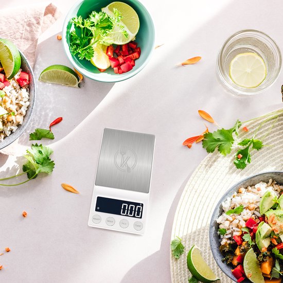 Kitchenwell digitale mini precisie keukenweegschaal wit - 0,01 tot 200 gram - 14.2 x 7.5 cm - pocket scale op batterij - weegschaal keuken