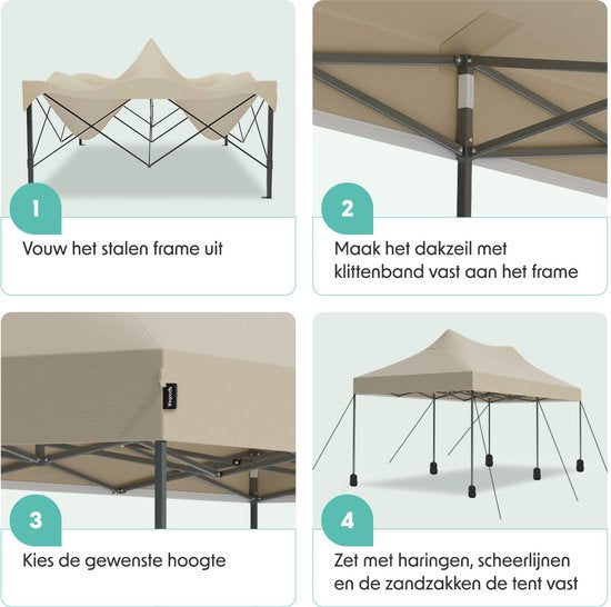 LifeGoods Partytent - Opvouwbaar - 3x6 m - Easy Up - Paviljoen - Waterdicht - Draagtas met Wieltjes - Beige