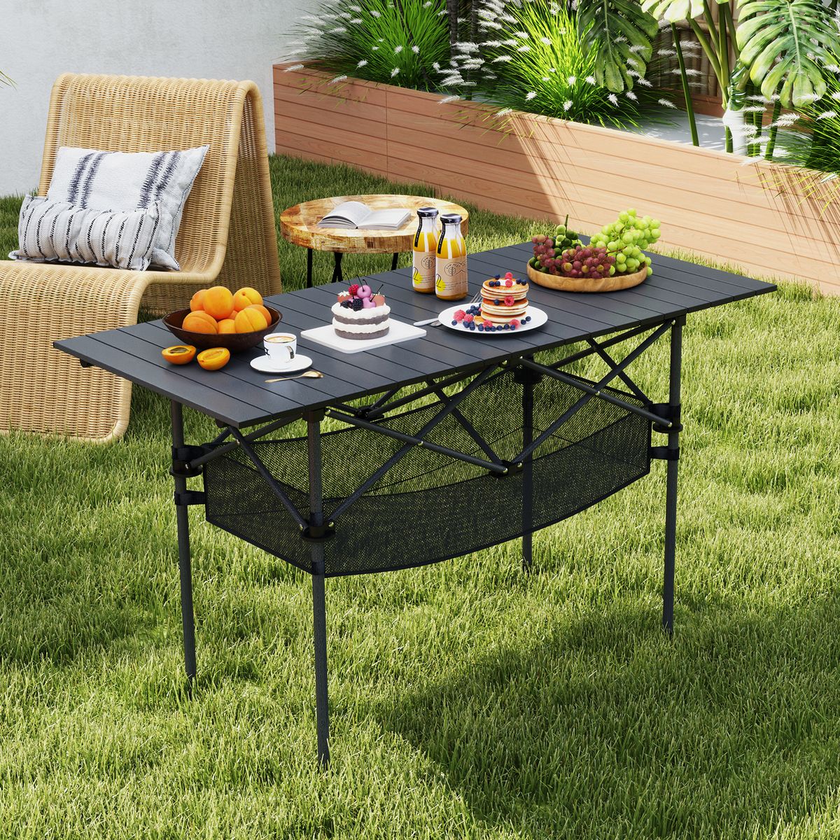 Coast Opvouwbare Campingtafel - Oprolbaar aluminium tafelblad - Met netmand - Zwart 119 x 56 cm