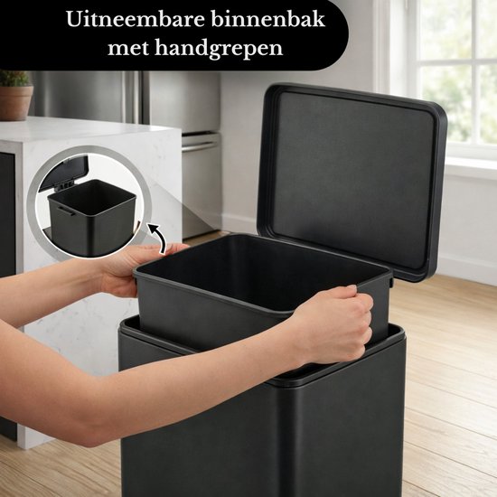 Bayt Prullenbak - Prullenbak 60 Liter - Pedaalemmer 60 Liter - Vuilnisbak 60 Liter - Afvalbak - RVS - Zwart