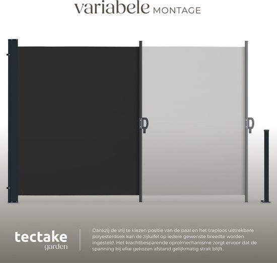 tectake® Uitschuifbaar Windscherm met Oprolmechanisme - 300 x 200 cm - Zijluifel met Aluminium Frame- Zonnescherm - Tuinscherm - Zwart Balkonscherm - Ondoorzichtbaar Privacyscherm - Markiesdoek