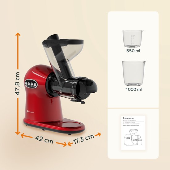 KitchenBrothers Slowjuicer XL - Sapcentrifuge - Groenten- en Fruitpers - 43 mm en 70 mm invoer - 500 ml - Rood