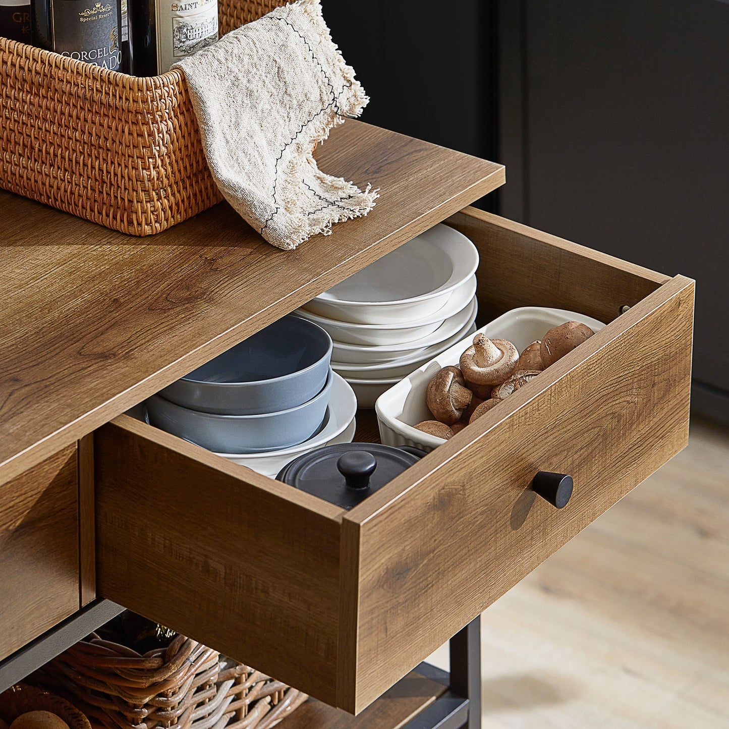 SoBuy Keukentrolley op wieltjes met 2 lades en 2 planken - 100x45x93 cm - Max. 60KG - Houtkleur donker