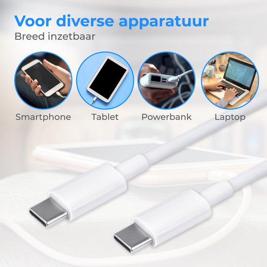 Nuvance Usb C Kabel - 100W - Usb C naar Usb C - 3 Meter - Usb-C Kabels - Snellader - 480Mb/ps Data - Usb C Oplader - Wit