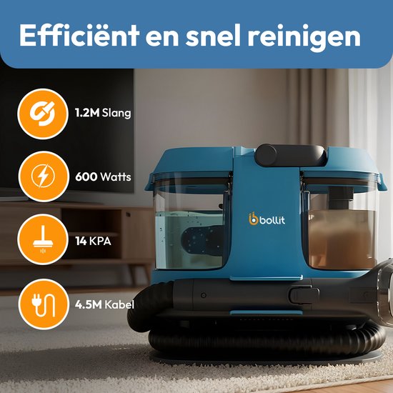 BOLLIT 4-in-1 600W Compact Tapijtreiniger – Vlekkenreiniger & Bank Reiniger – Voor Bank, Auto, Matras – Waterstofzuiger - Meubelreiniger – Reinigingsmachine – Zetelreiniger – Matrasreiniger - Textielreiniger