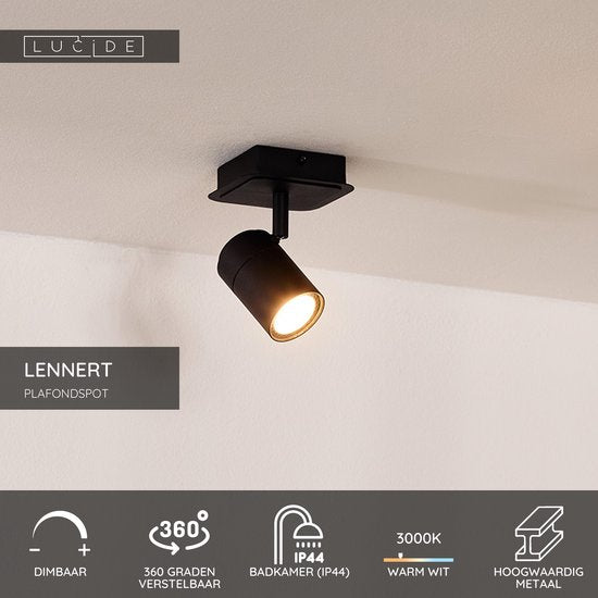 Lucide LENNERT - Plafondspot (Plafondlamp) Badkamer - LED Dimbaar - GU10 - 1x5W 3000K - IP44 - Zwart