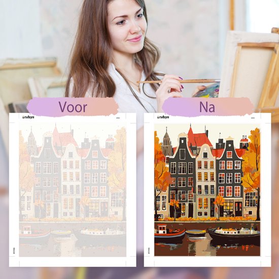Rubye® Schilderen Op Nummer Volwassenen – Grachtenpand – Inclusief Verf en Penselen – Canvas Schildersdoek - Kleuren op Nummer - 40x50cm
