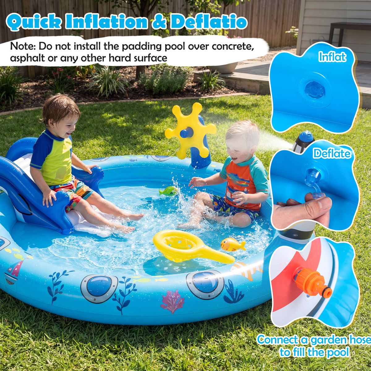 Coast Opblaasbaar Kinderzwembad - Waterspeelcentrum met zee-thema - Haai-glijbaan en sproeier - Multikleur 188 x 153 x 63 cm