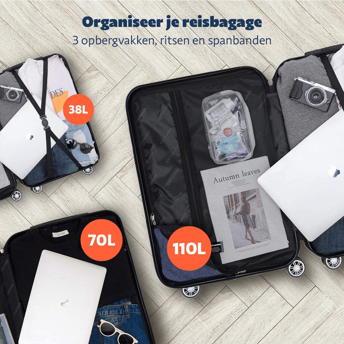 TRVLMORE Kofferset - 3 Delig - Complete Set - 38L Handbagage + 70L en 110L Ruimbagage - Donkergrijs