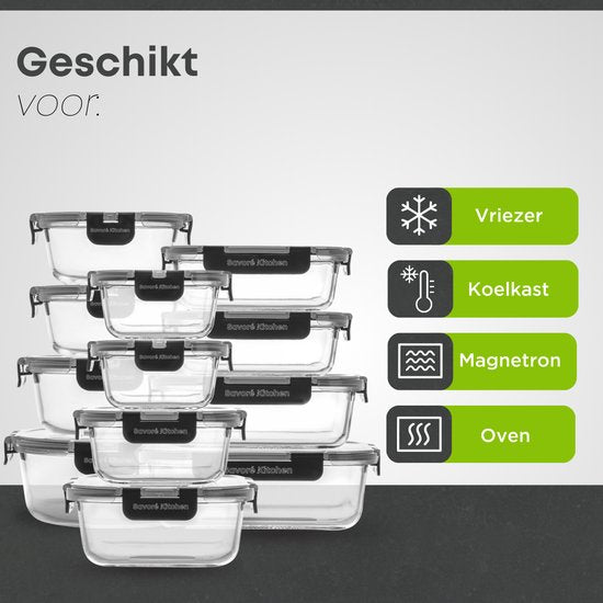 Savoré Kitchen Vershoudbakjes Set - Meal Prep Bakjes - Diepvriesbakjes Glas - Luchtdicht - 12 Stuks