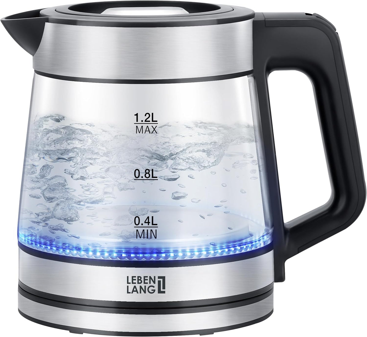 LEBENLANG - Glazen waterkoker - Klein - 1,2 liter - Ledverlichting - Roestvrij stalen design - BPA-vrije waterkoker - Stille en kleine reiswaterkoker voor camping