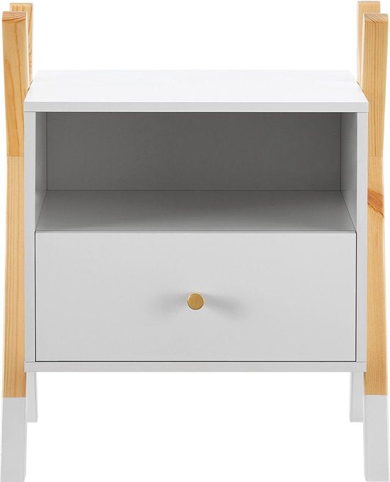 Houten Nachtkastje / Kindernachtkastje Jamie - Wit / Houtkleur - 1 Lade