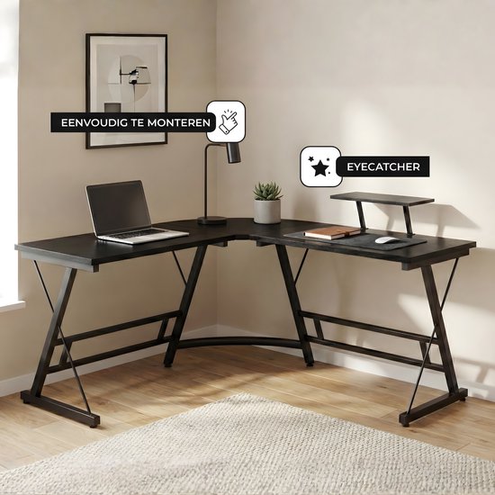 Bayt Hoekbureau - Bureau - Game Bureau - Gaming bureau - L vormig bureau - Computertafel - Zwart - 129 x 129 x 74 cm