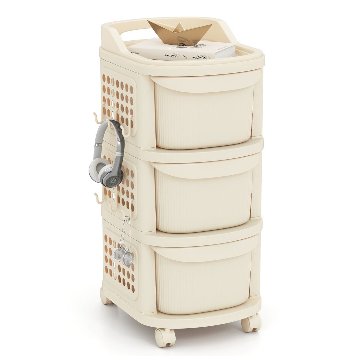 Coast Opbergkar op Wielen - 3 Lades - Met Haken - Wit 38 x 32 x 68 cm
