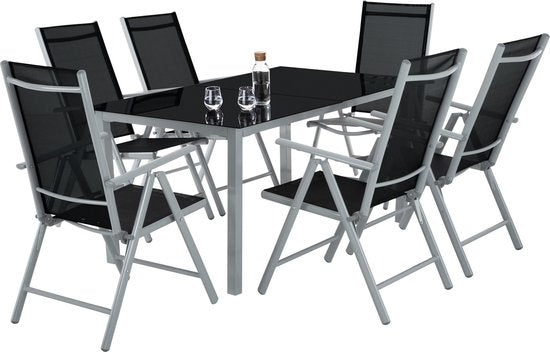 tectake® zitset aluminium klapstoelen, loungeset met 6x stoelen en 1x glazen tafel eettafel, tuinmeubelset weerbestendig voor het balkon, tuinstoelen, terrasmeubilair, ligstoel - zilver