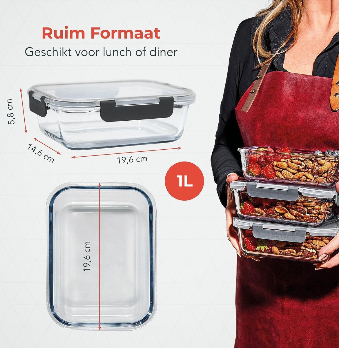 KitchenBrothers Meal Prep Bakjes - Vershoudbakjes Set - Luchtdicht - BPA Vrij - 1L - Glas - 5 Stuks