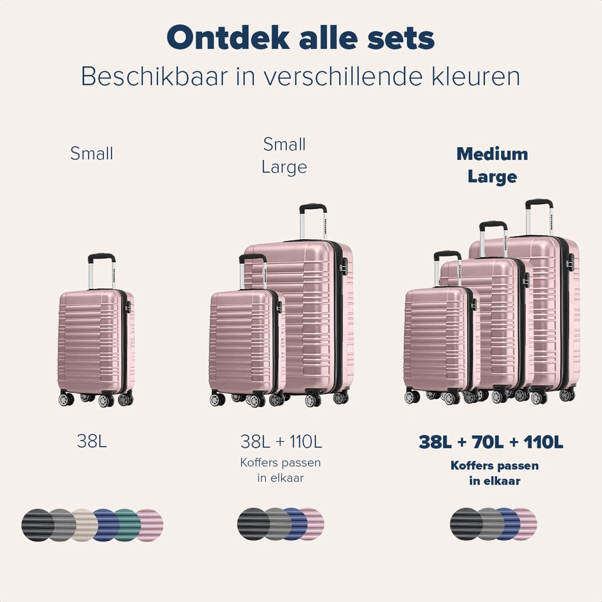 TRVLMORE Kofferset - 3 Delig - 38L Handbagage + 70L en 110L Ruimbagage - Roségoud