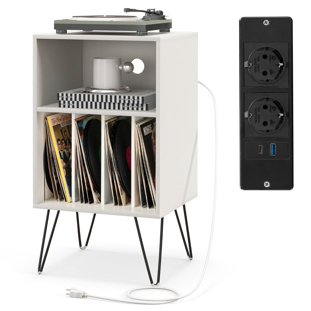 Coast Platenspelerstandaard - 3-laags vinyl opbergtafel - met oplaadstation - wit