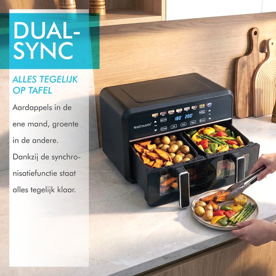 Dubbele Airfryer XXL 11L - PFAS-vrije Heteluchtfriteuse - Infrarood - Dual Zone - 2 x 5.5L - 40–200°C - 8 Kookprogramma's - 2850W - WM-2511 AF - Zwart