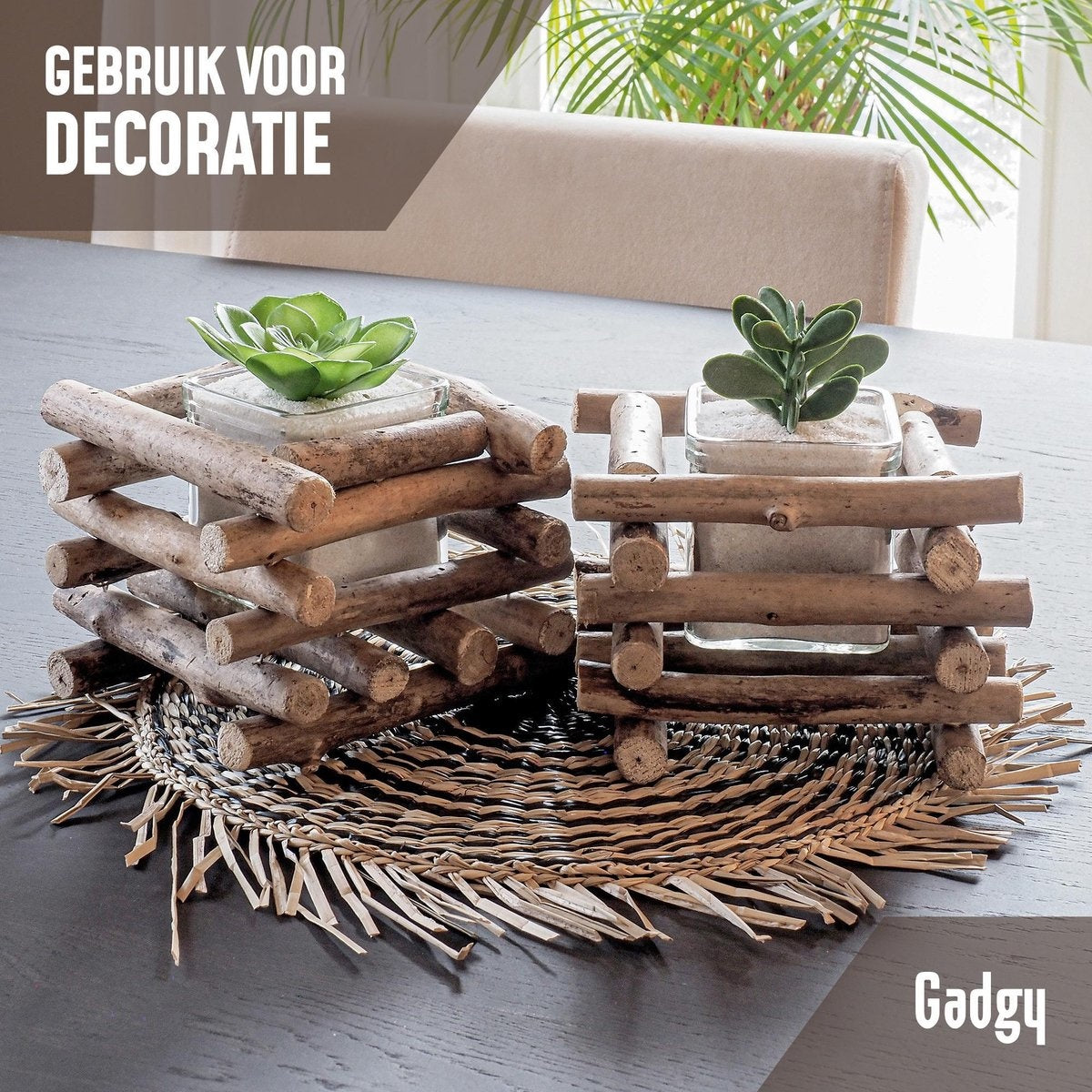 Gadgy - Waxinelichthouder - Drijfhout - set van 2 - 15x15cm