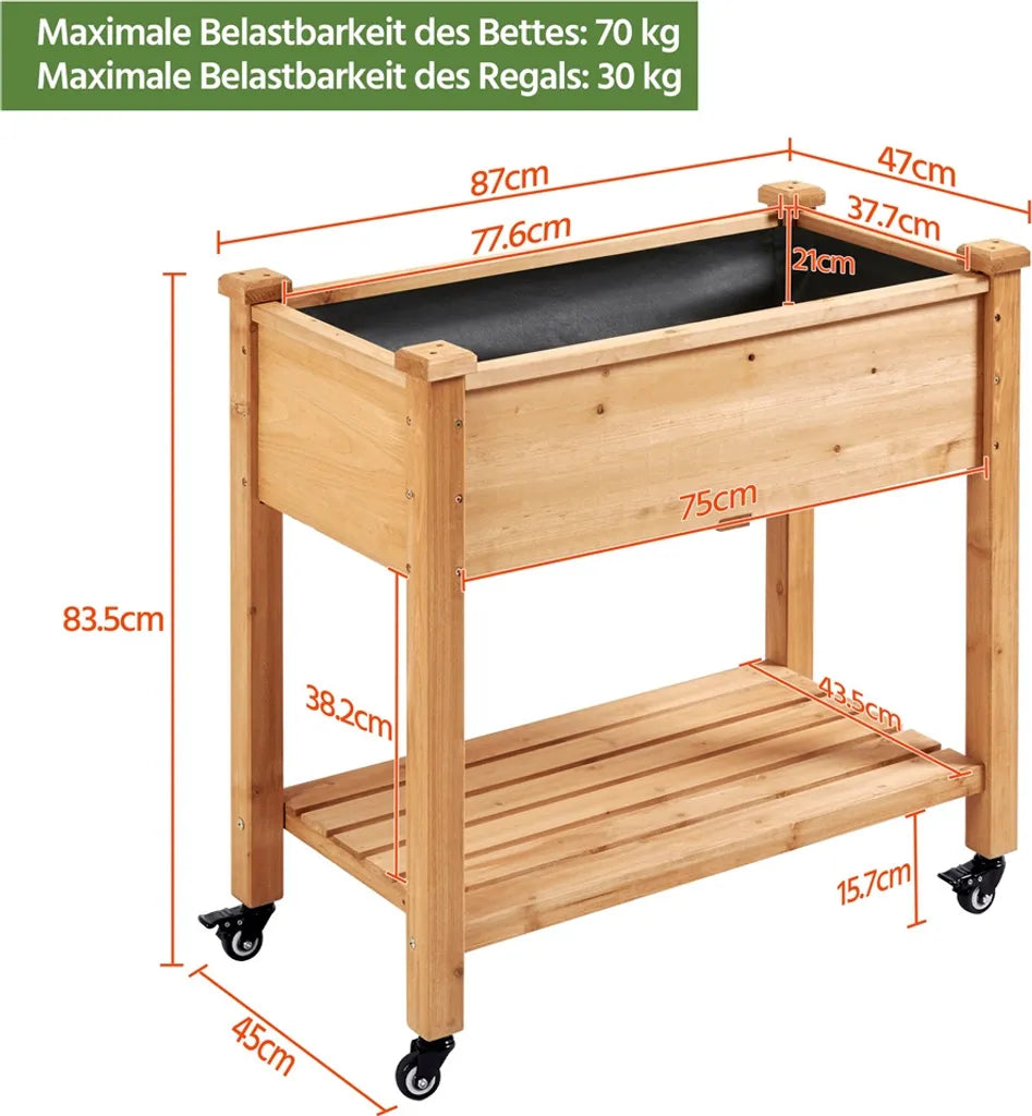 Yaheetech Verhoogde Plantenbak op Wielen 87 x 47 x 83,5 cm - Lichtbruin - Houten Kweekbak met Opbergplank