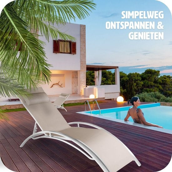 tectake® set van 2 tuinstoelen ligstoelen - aluminium ligbedden - weerbestendig - ideaal voor tuin - balkon - terras - inclusief hoofdkussen - 5-voudig verstelbare rugleuning - beige