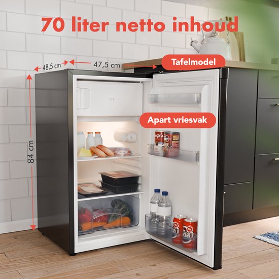 KitchenBrothers Koelkast - 81L - Tafelmodel Koelkast met Vriesvak - IJskast - Koelvriescombinatie - Frigo - Vrijstaand - Zwart