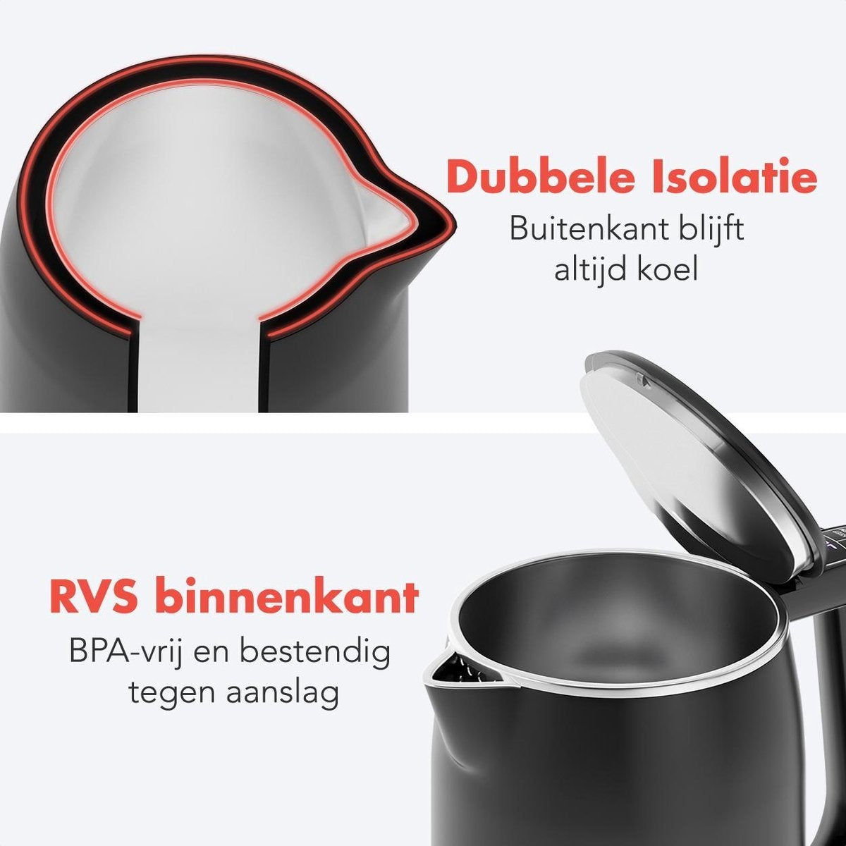 KitchenBrothers Waterkoker - 1.7L - RVS, Kunststof - BPA vrij - 1800W - 22x15.50x26.55 cm - Zwart