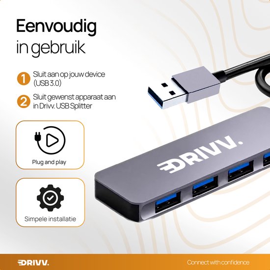 Drivv. USB Splitter 4 poorten - USB 3.0A - USB Hub 3.0 - Aluminium Behuizing - Grijs