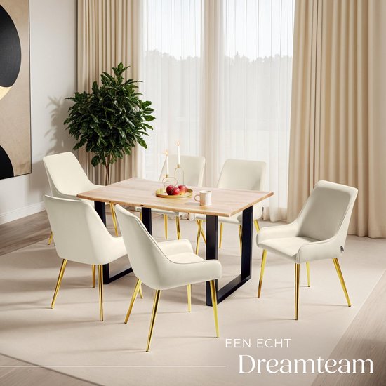 tectake® Eetkamerstoel Avane - Fluweeloptiek - Ergonomische gestoffeerde stoel met gouden stalen poten - Draagkracht 120 kg - Moderne eetkamer- en keukenstoel - Set van 2 - Beige