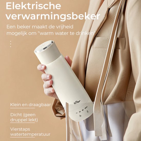 Bear Mini Elektrische Waterkoker 300 ml – 4 Temperatuurstanden – 3-in-1 Reisbeker – RVS 304 Dubbelwandig – Snel Verwarmen