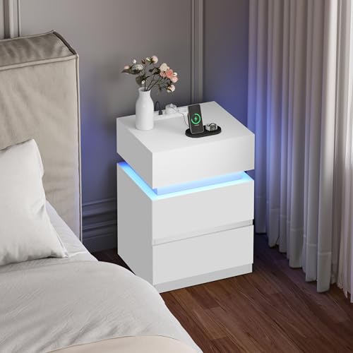 Woltu Nachtkastje met Stopcontact en LED-verlichting - Wit - 40 x 35 x 55 cm - 2 Lades en 1 Opbergvak - Modern en Multifunctioneel