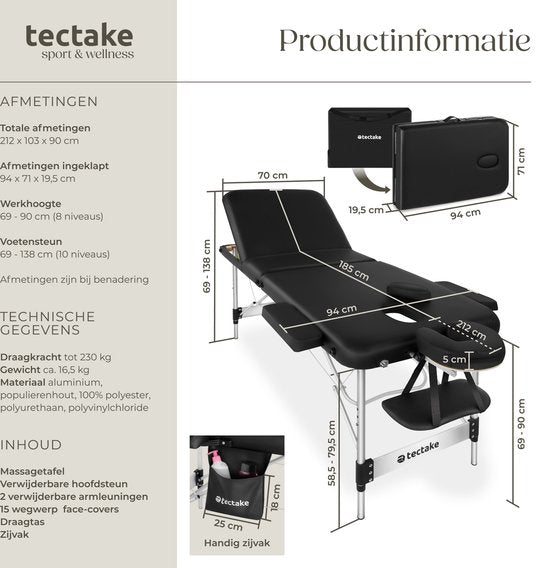 tectake® 3-Zones Massagetafel – 70cm Breed – Behandelbank met 5cm Dikke Vulling en Aluminium Frame – Inclusief 15 Hoofdsteundoekjes en Draagtas – Max Draagvermogen 230kg – Zwart