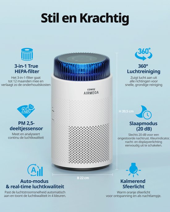 Coway Airmega 100 Luchtreiniger - Voor ruimtes tot 63m² - HEPA filter + koolstoffilter - 244 m³/u - Tegen stof, pollen en allergenen - Fluisterstil (20 dB) - ECARF gecertificeerd - Air Purifier -