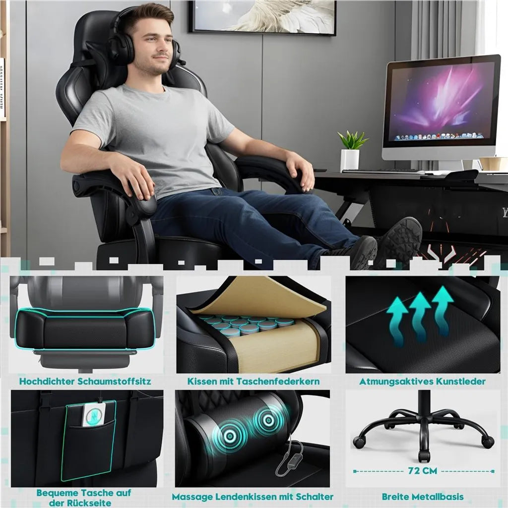 Yaheetech Gamingstoel 72 × 72 × 124,5–134 cm – Zwart – Ergonomische Gamestoel met Massagefunctie, Voetensteun en Verstelbare Hoogte