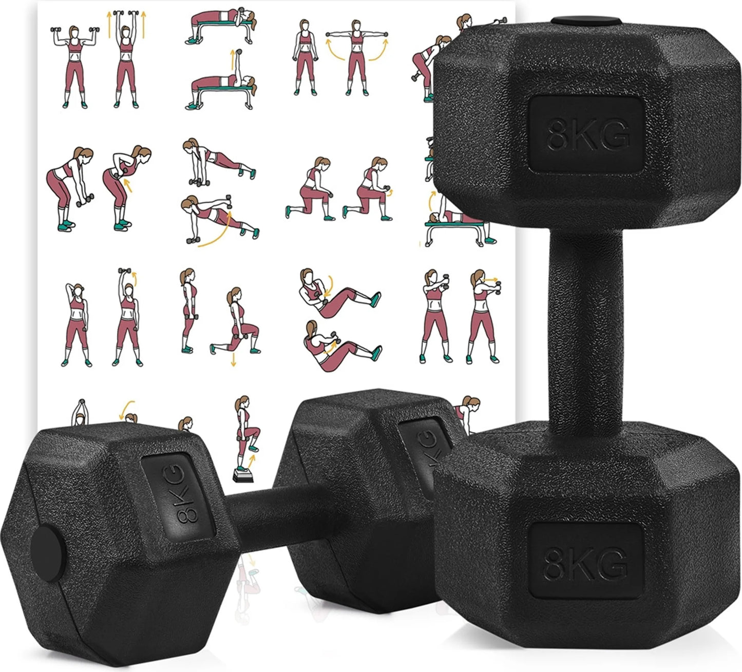Yaheetech Dumbbells Set Van 2 x 8 kg – 33,5 x 17 x 15 cm – Voorzien Van Zeshoekige Kop En Anti-Roll Ontwerp En Kunststof Coating – Voor Krachttraining En Thuisgym – Zwart Kunststof En Beton