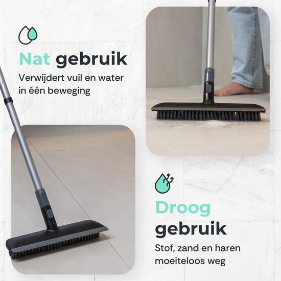 CLEANLY Schrobber en Vloertrekker met Steel - Schoonmaakborstel - Schuurborstel - Schrobber met Steel - Schrobborstel - Luiwagen - Verstelbaar 116-144 cm - Breedte 30,5 cm - Zwart, Grijs