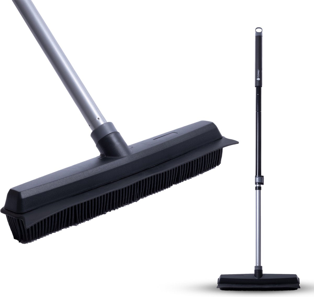 CLEANLY Rubberen Bezem met Vloertrekker 34 cm – Kappersbezem Binnen en Buiten – Verstelbare Steel 114-142 cm – Zwart/Grijs